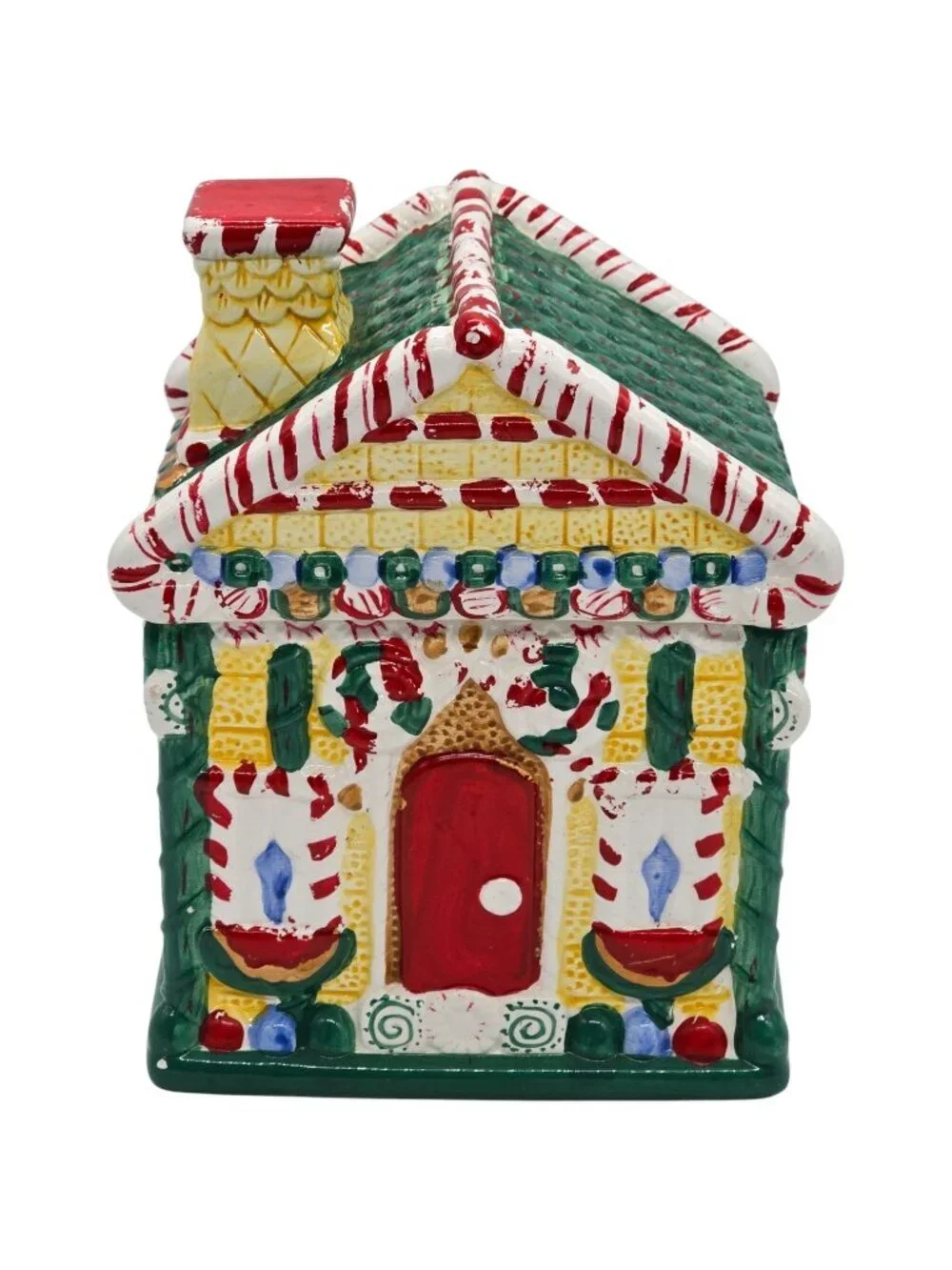 Hand Painted Gingerbread House Cookie Jar Christmas Candy Cane Ceramic Holiday